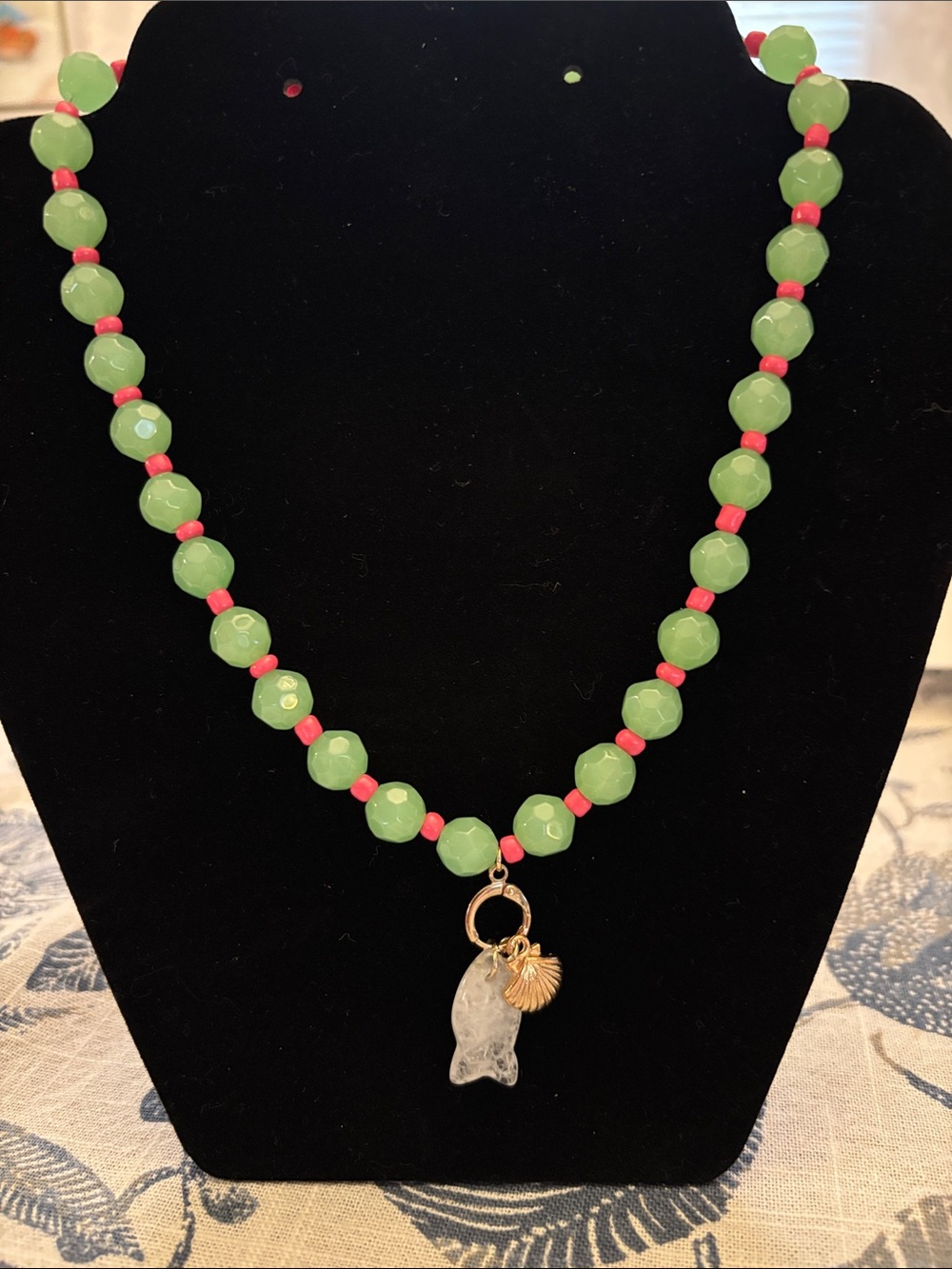 Hand Crafted Green and Pink Glass Beaded Necklace with Fish‎ and Shell Charms